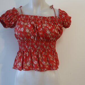 Womens Intermix Red Multicolor Floral Pure Silk Smocked Waist Blouse Top P US/XS